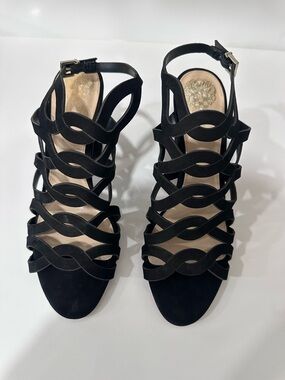 Vince Camuto Norla Black Nubuck Cage Sandals Block Heel Size 9M